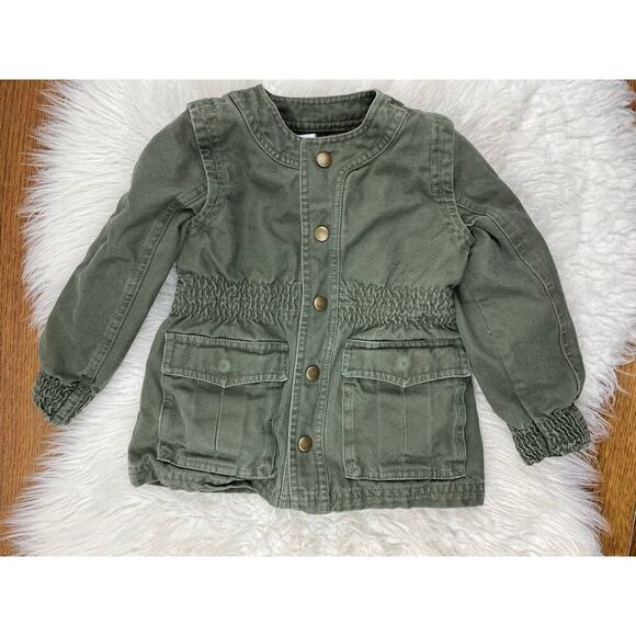 Tea Collection Girls XS (2-3) Olive Green Magenta Lined Snap Front Canvas Jacket - Picture 1 of 9